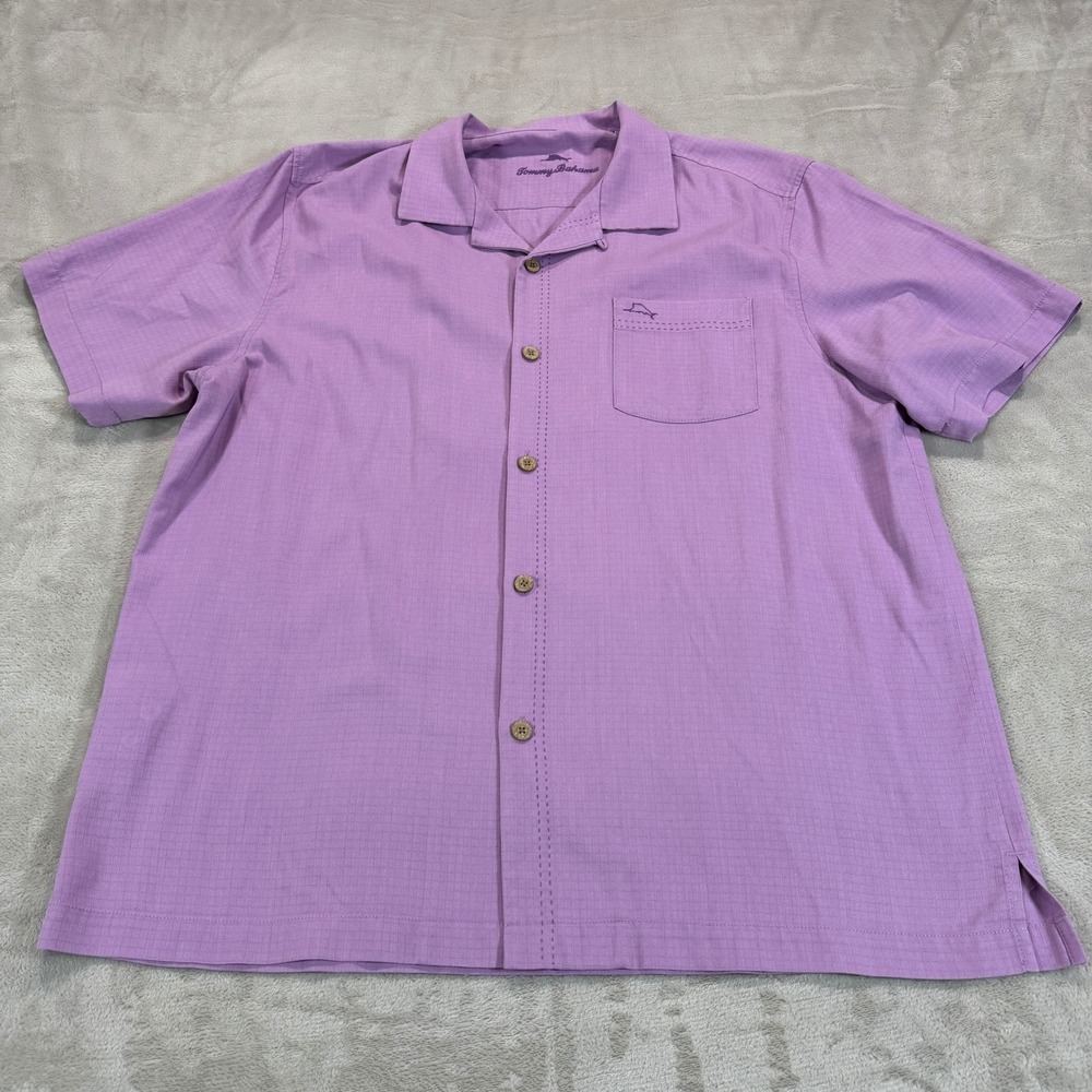 Tommy Bahama Mens Large Silk Blend CoolMax Purple Grid Camp Shirt Short Sleeve